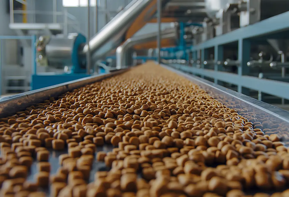 Kibble is sent down a conveyor belt in a pet food processing factory