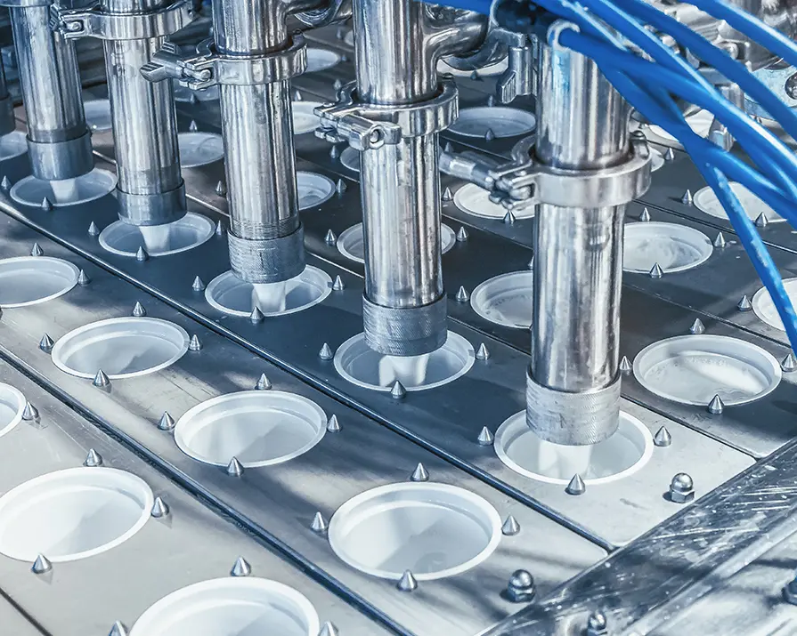 Factory machine deposits yogurt into tubs.