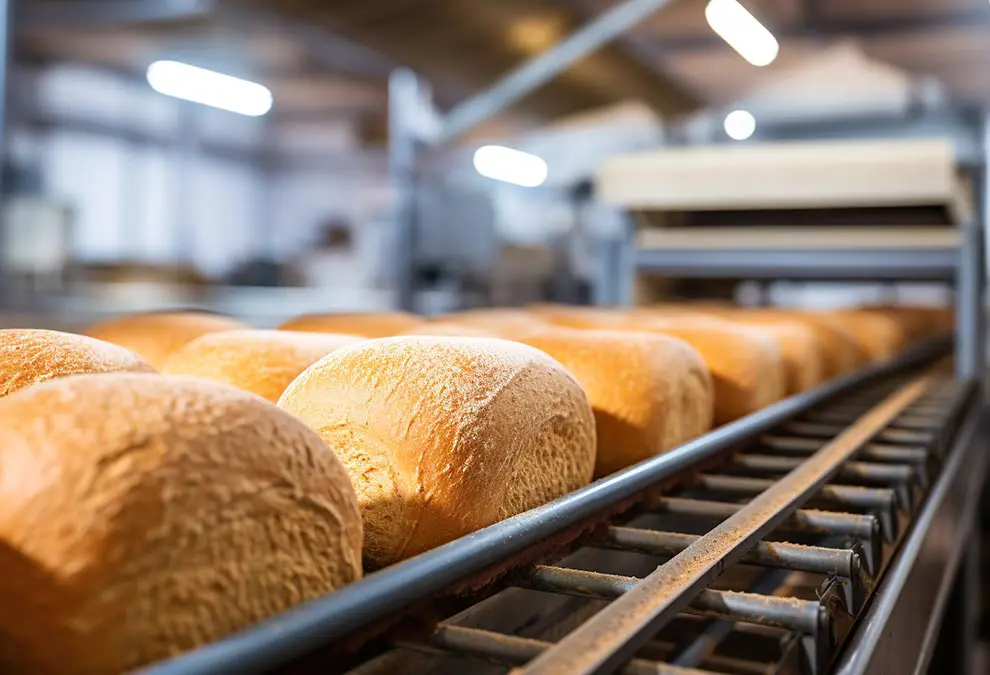 Loaves of bread travel down a conveyor belt at a factory.
