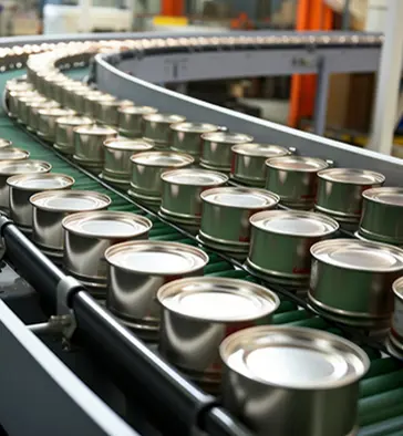 Cans of pet food are processed by a factory machine