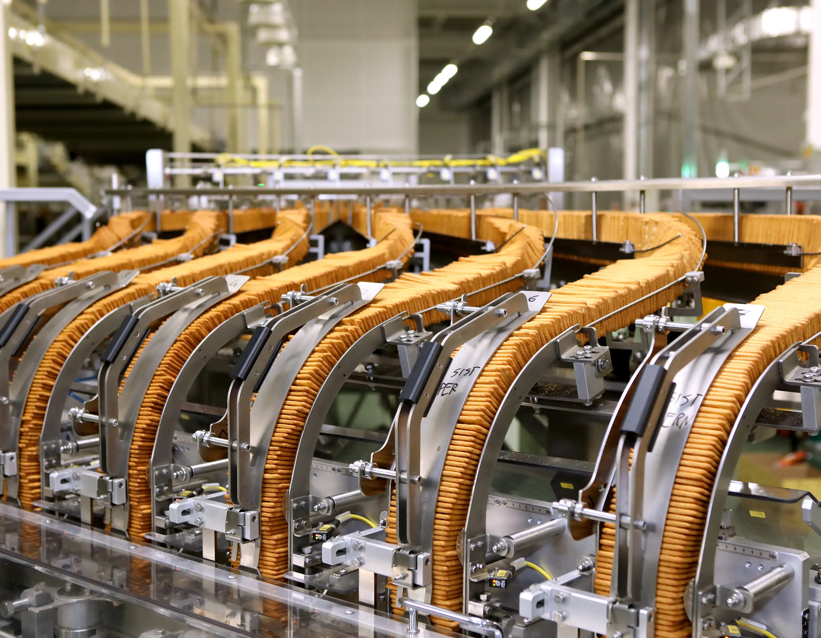 Factory machinery moves food along for packaging